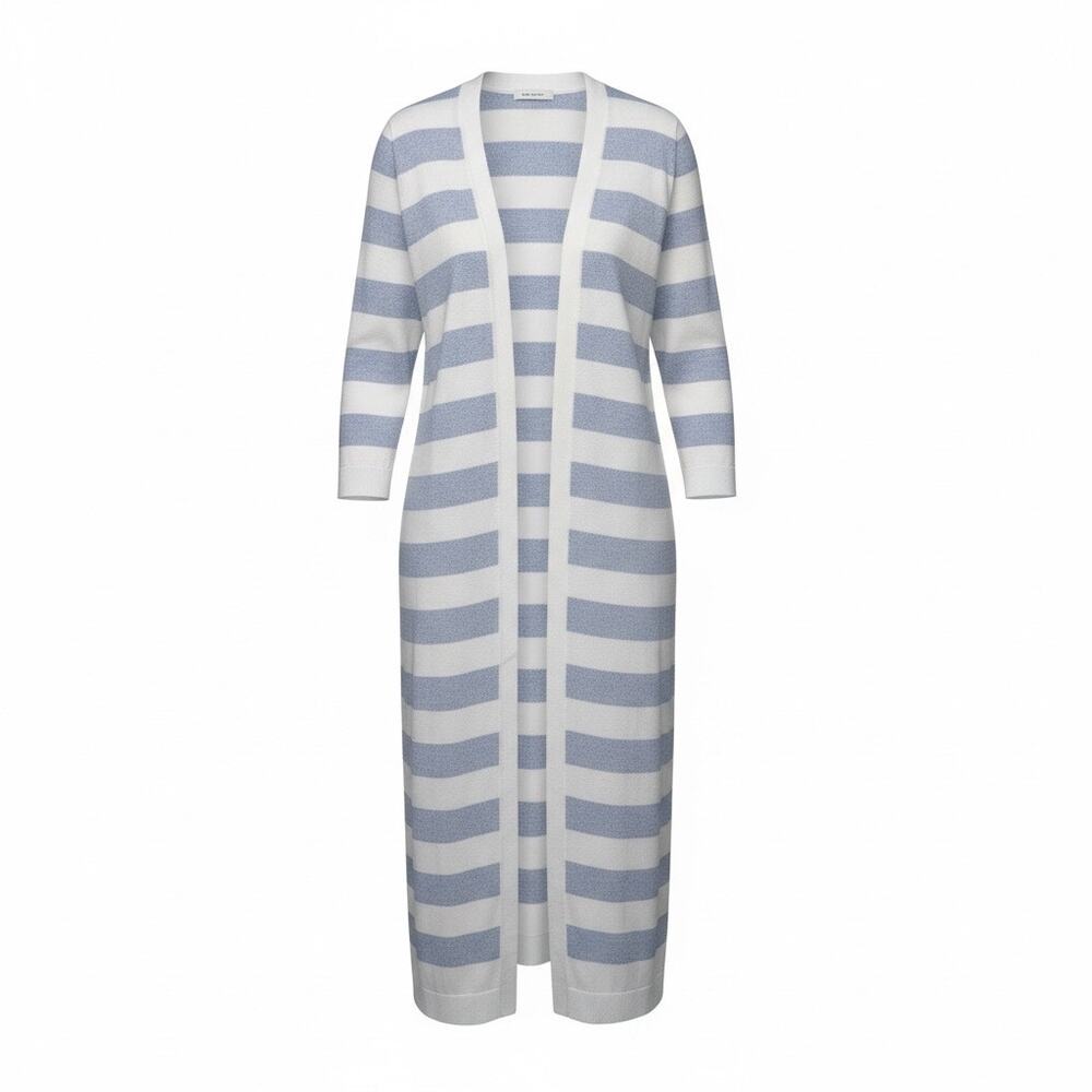 Talbots Longline Cardigan Duster Size Small Blue White Stripe 100% Pima Cotton - Picture 2 of 13